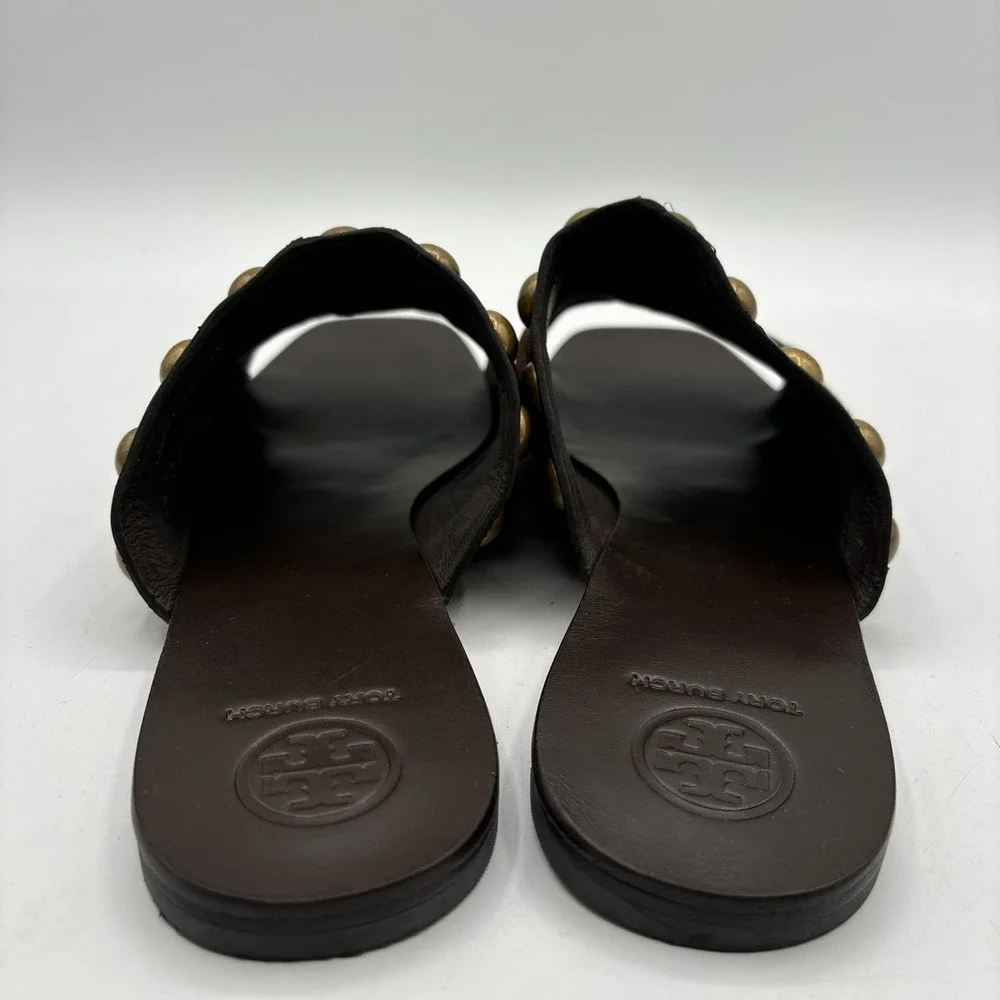 Tory Burch Blythe Slide Women's 7 M Suede Leather Sandals Beige Gold Studded